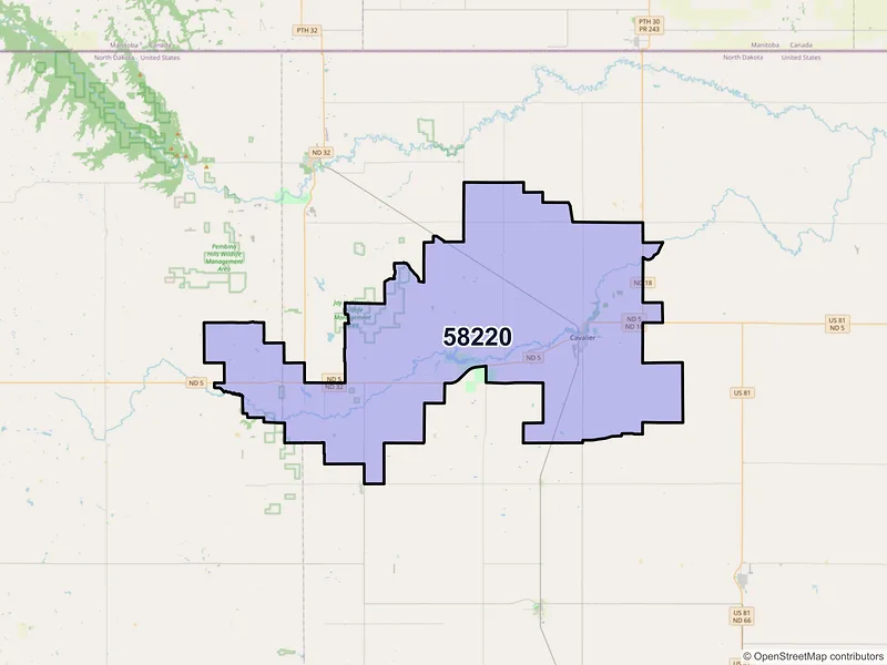Map of Cavalier, North Dakota and ZIP codes