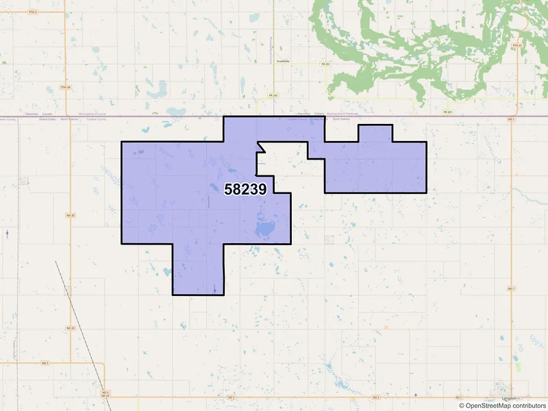 Map of ZIP Code 58239 — Hannah, ND