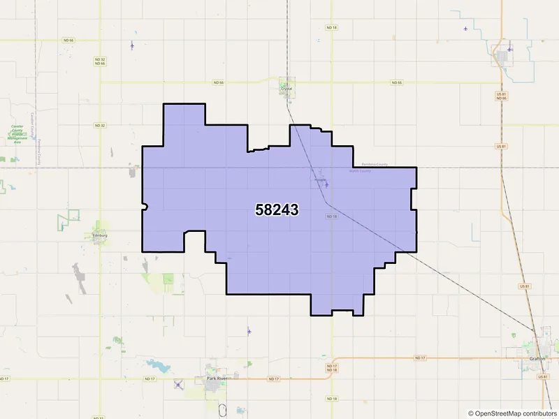 Map of ZIP Code 58243 — Hoople, ND