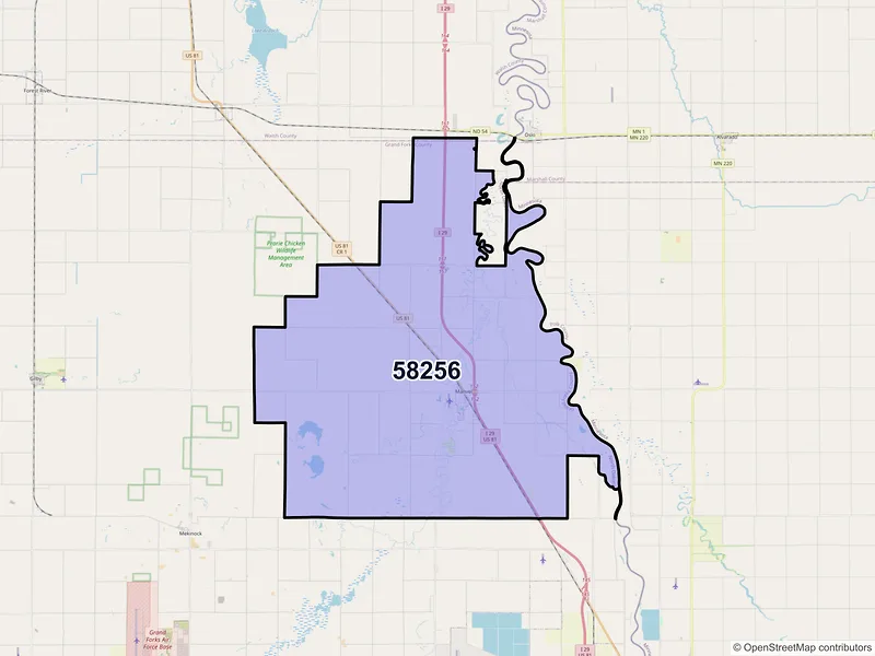 Map of Manvel, North Dakota and ZIP codes