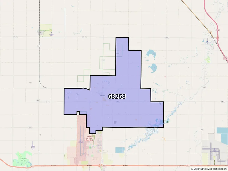 Map of ZIP Code 58258 — Mekinock, ND