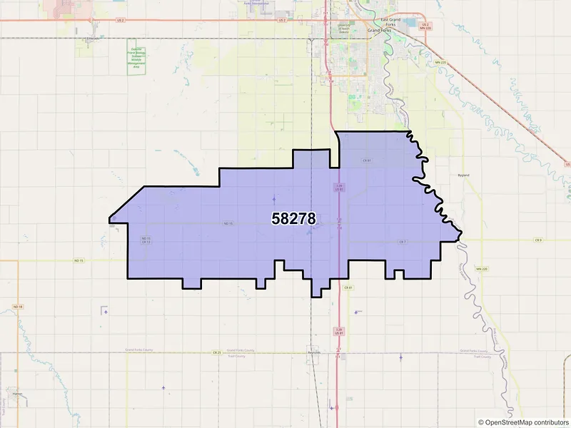 Map of ZIP Code 58278 — Thompson, ND