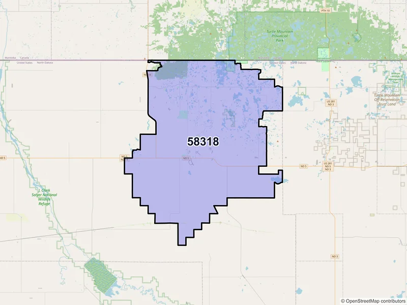 Map of ZIP Code 58318 — Bottineau, ND