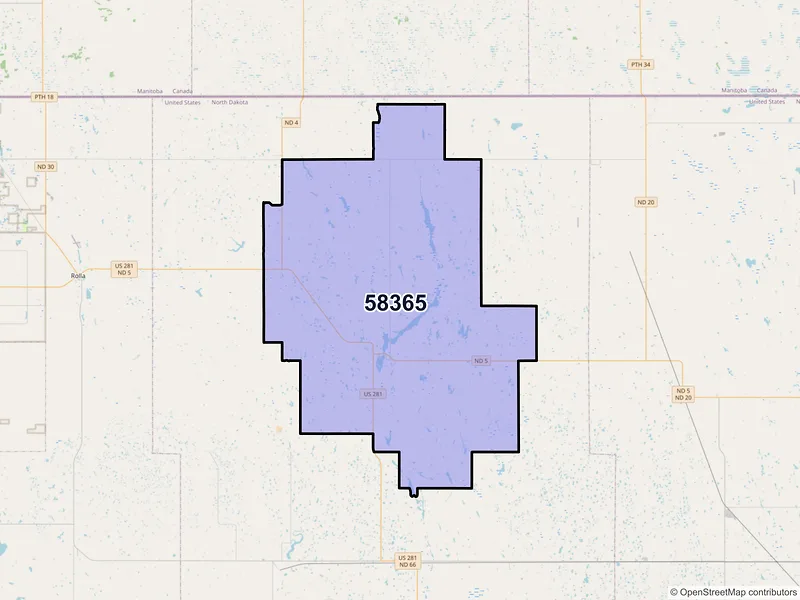 Map of ZIP Code 58365 — Rocklake, ND