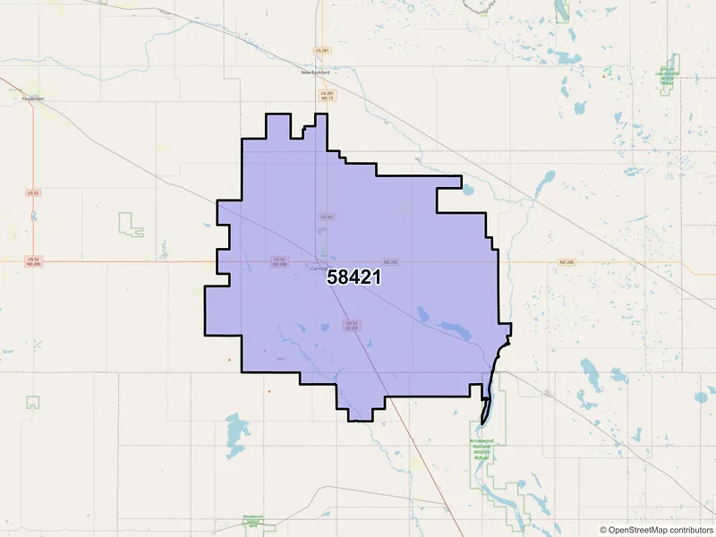 Map of ZIP Code 58421 — Carrington, ND