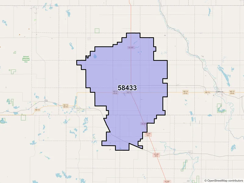 Map of ZIP Code 58433 — Edgeley, ND