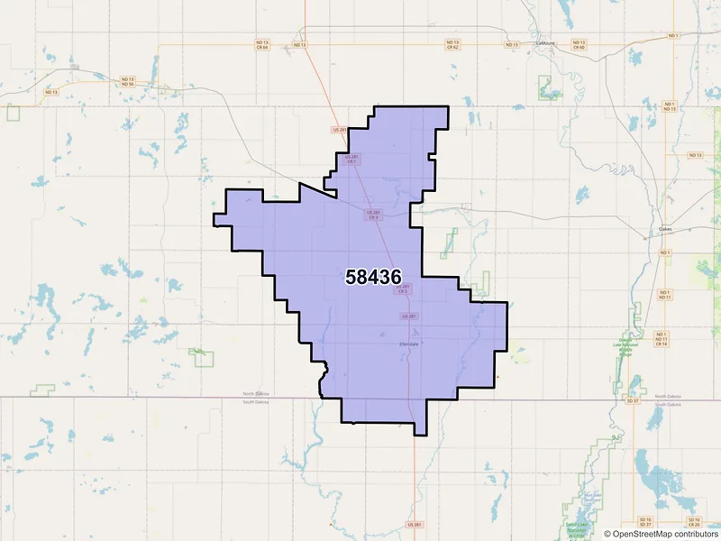 Map of ZIP Code 58436 — Ellendale, ND
