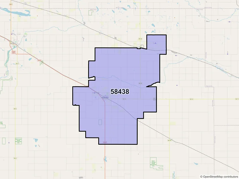 Map of ZIP Code 58438 — Fessenden, ND