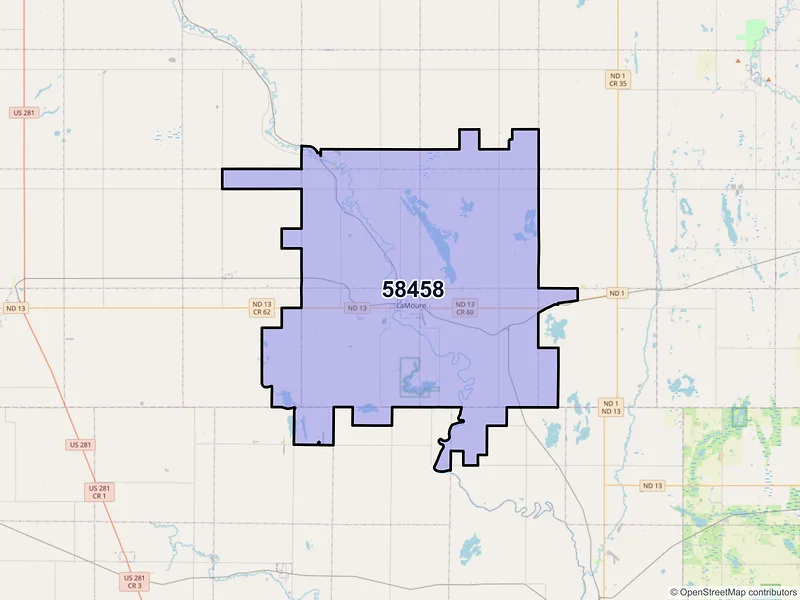 Map of ZIP Code 58458 — Lamoure, ND