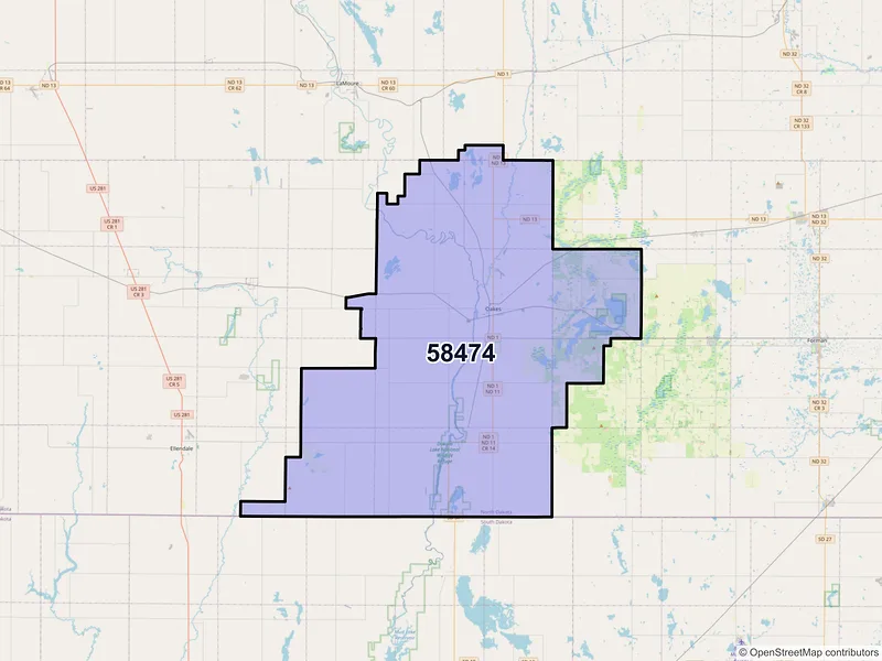 Map of ZIP Code 58474 — Oakes, ND