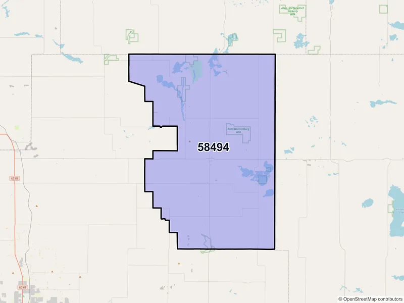 Map of ZIP Code 58494 — Wing, ND