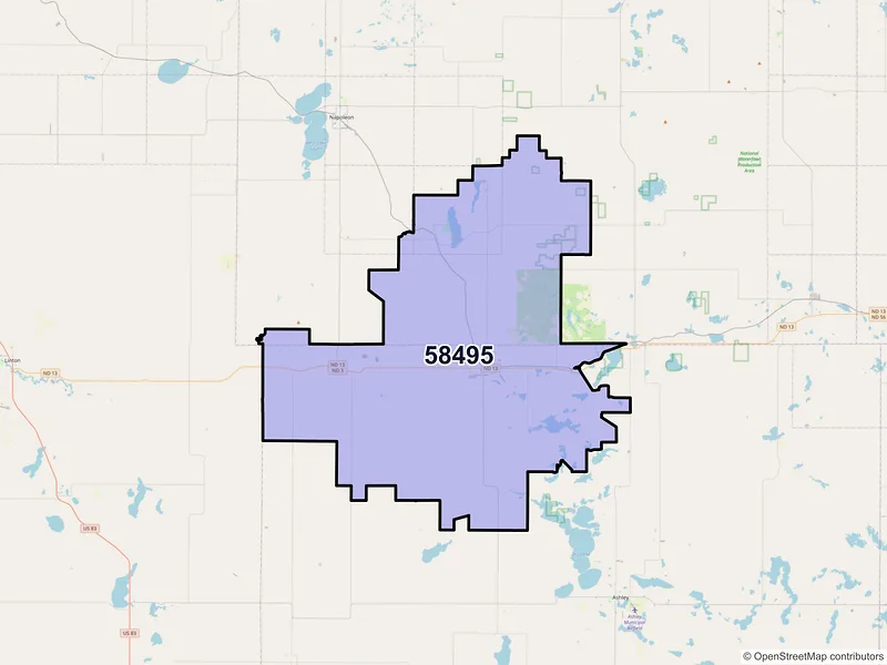 Map of ZIP Code 58495 — Wishek, ND