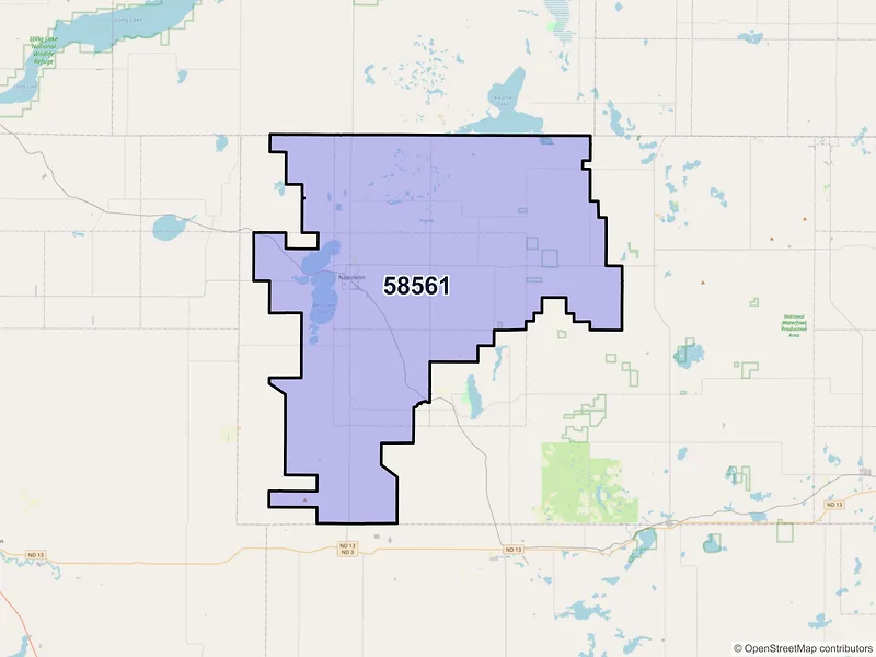 Map of Napoleon, North Dakota and ZIP codes