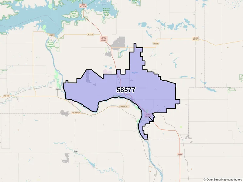 Map of Washburn, North Dakota and ZIP codes