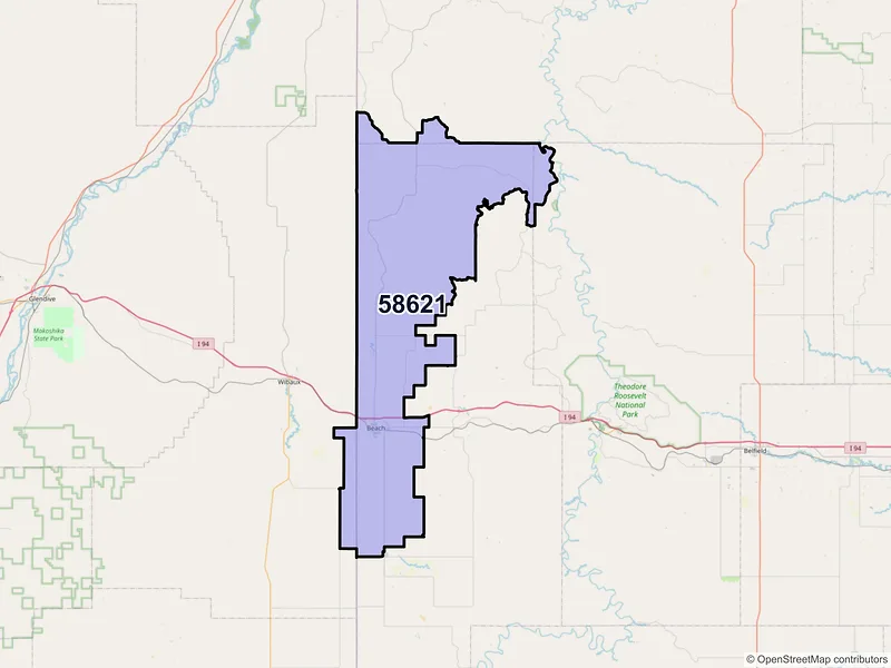 Map of ZIP Code 58621 — Beach, ND