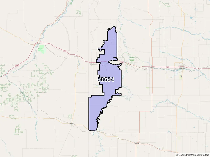 Map of ZIP Code 58654 — Sentinel Butte, ND