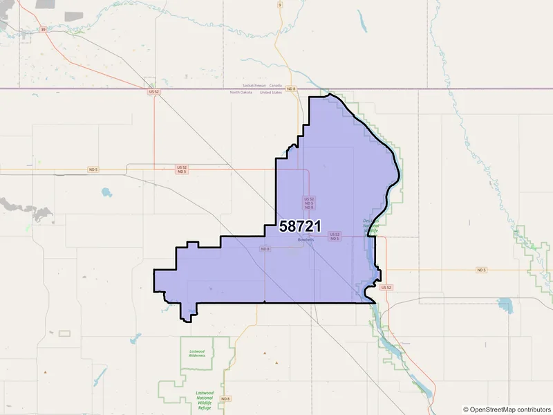 Map of ZIP Code 58721 — Bowbells, ND