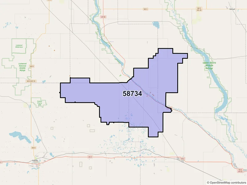 Map of ZIP Code 58734 — Donnybrook, ND