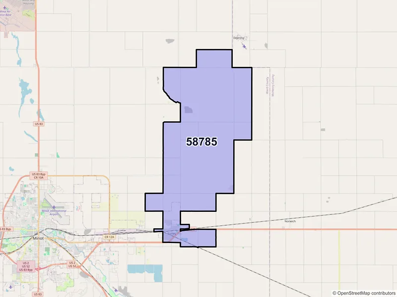 Map of Surrey, North Dakota and ZIP codes