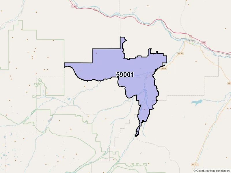 Map of Absarokee, Montana and ZIP codes