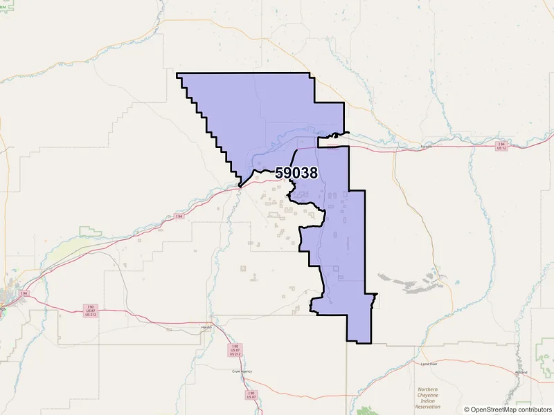 Map of ZIP Code 59038 — Hysham, MT