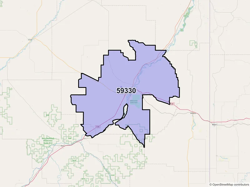Map of Glendive, Montana and ZIP codes