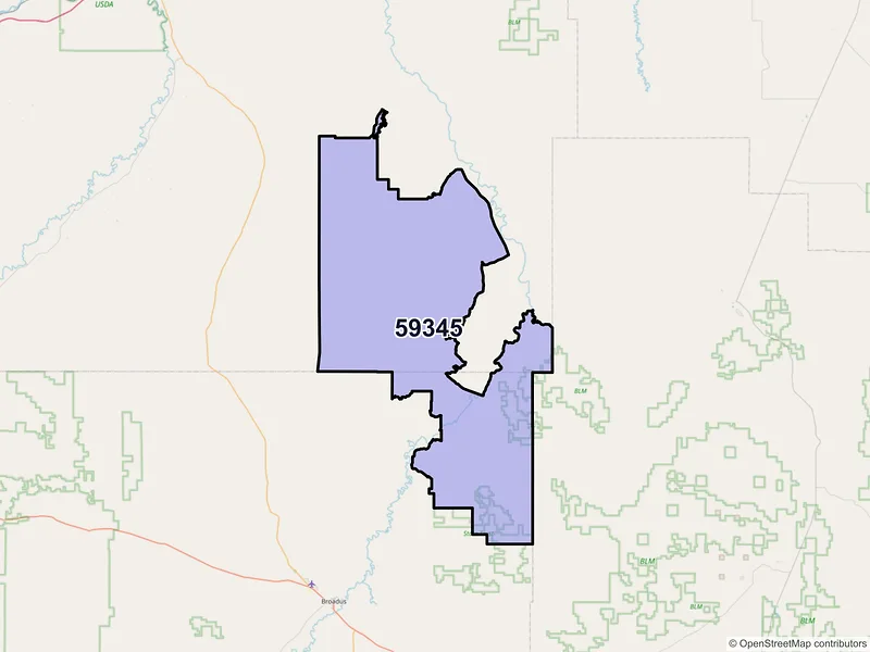 Map of Powderville, Montana and ZIP codes