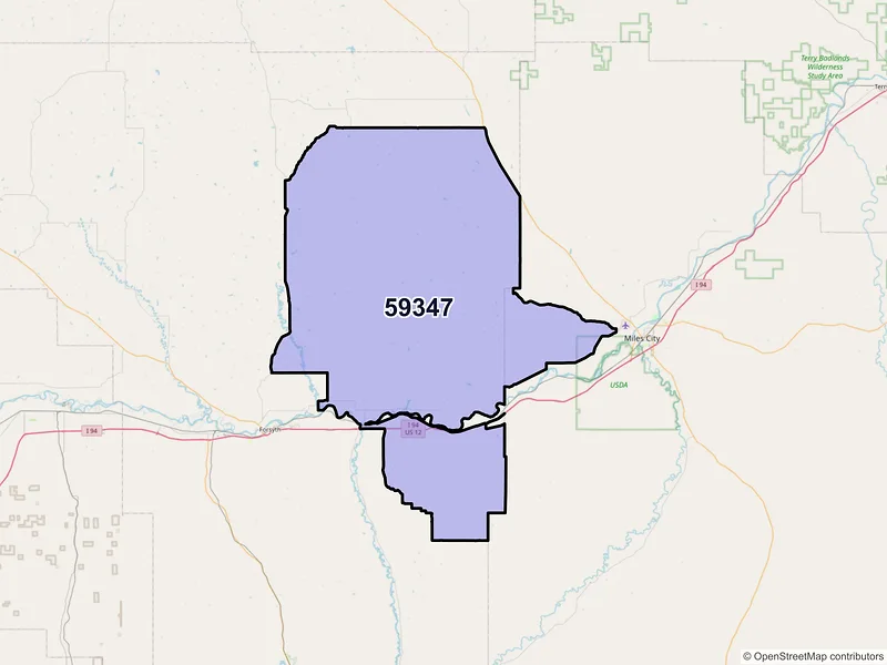 Map of ZIP Code 59347 — Rosebud, MT