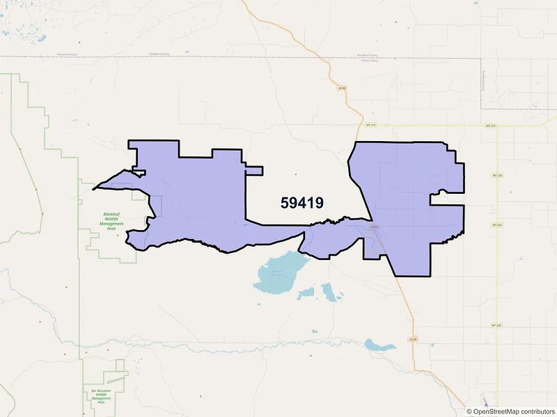 Map of Bynum, Montana and ZIP codes