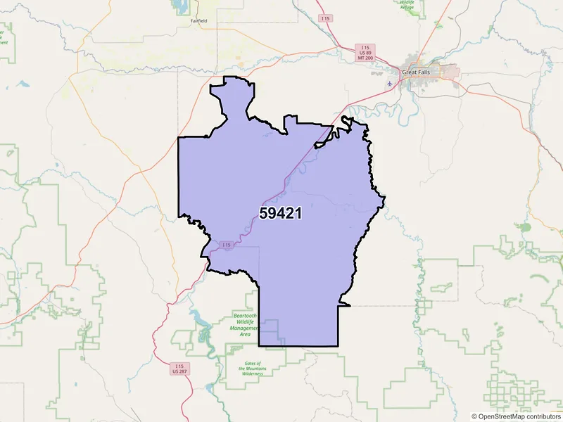 Map of ZIP Code 59421 — Cascade, MT