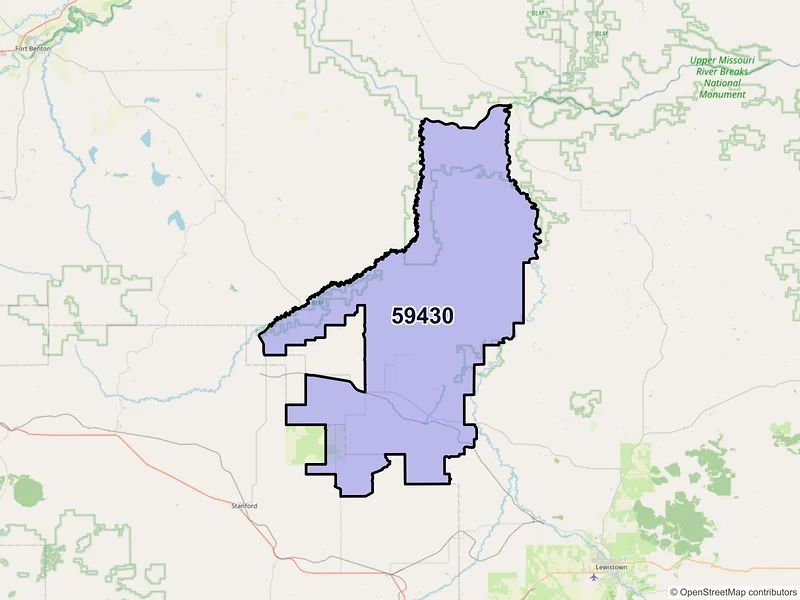 Map of ZIP Code 59430 — Denton, MT
