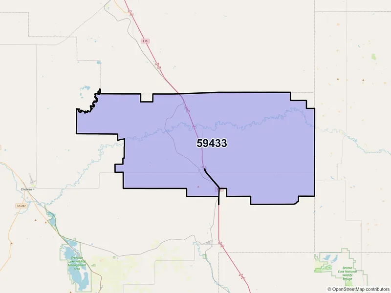 Map of ZIP Code 59433 — Dutton, MT