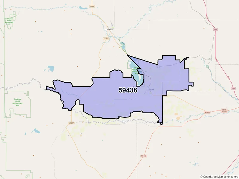 Map of ZIP Code 59436 — Fairfield, MT