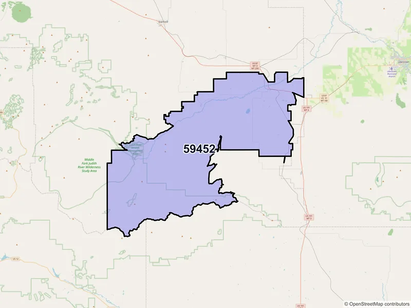 Map of ZIP Code 59452 — Hobson, MT