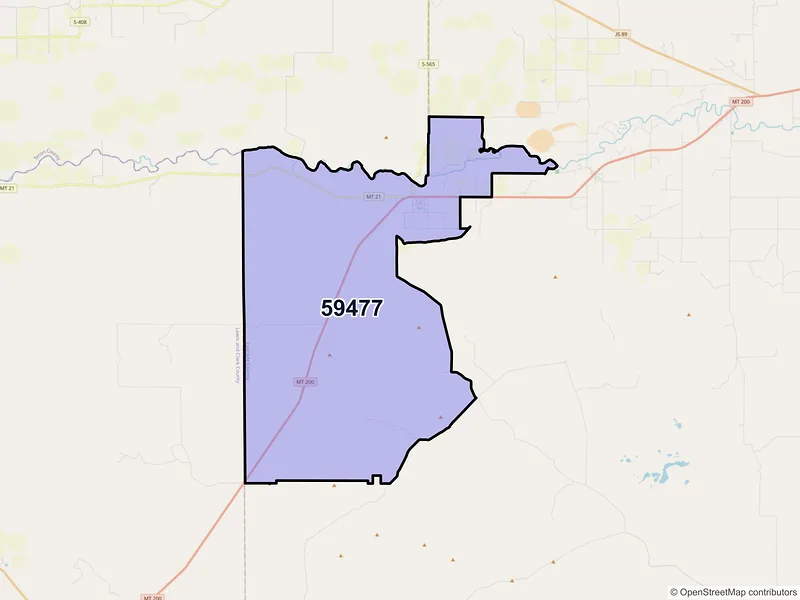 Map of Simms, Montana and ZIP codes