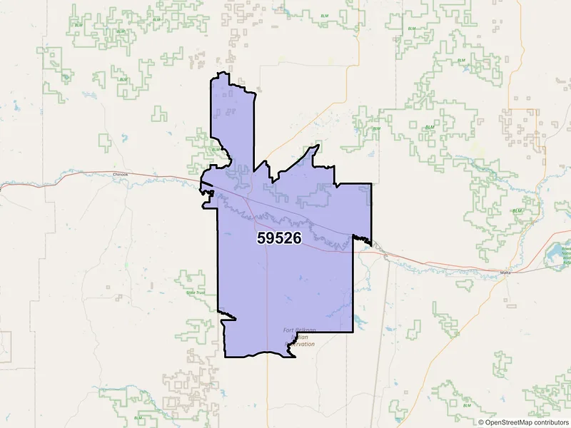 Map of Harlem, Montana and ZIP codes