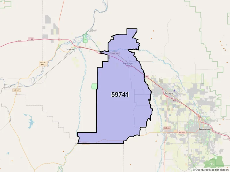 Map of Manhattan, Montana and ZIP codes