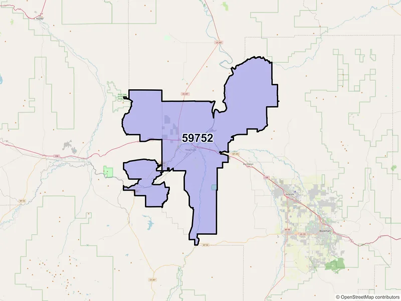 Map of ZIP Code 59752 — Three Forks, MT
