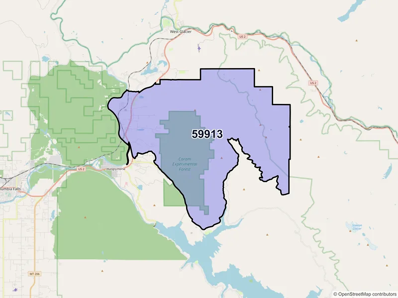 Map of Coram, Montana and ZIP codes