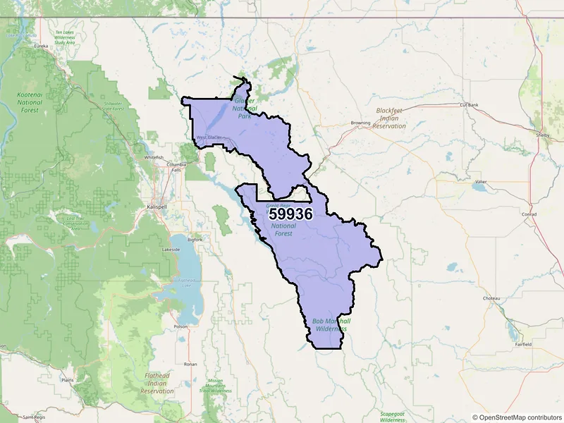 Map of West Glacier, Montana and ZIP codes