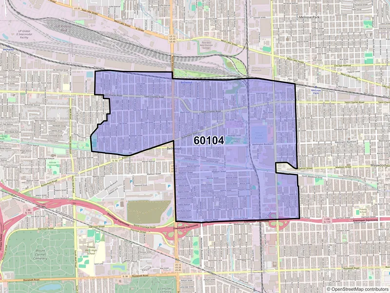 Map of Bellwood, Illinois and ZIP codes