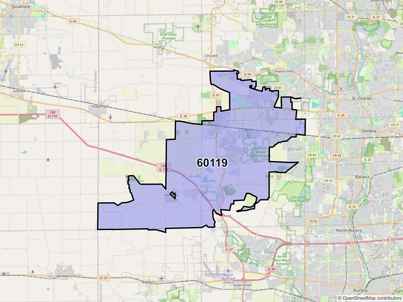 Map of Elburn, Illinois and ZIP codes