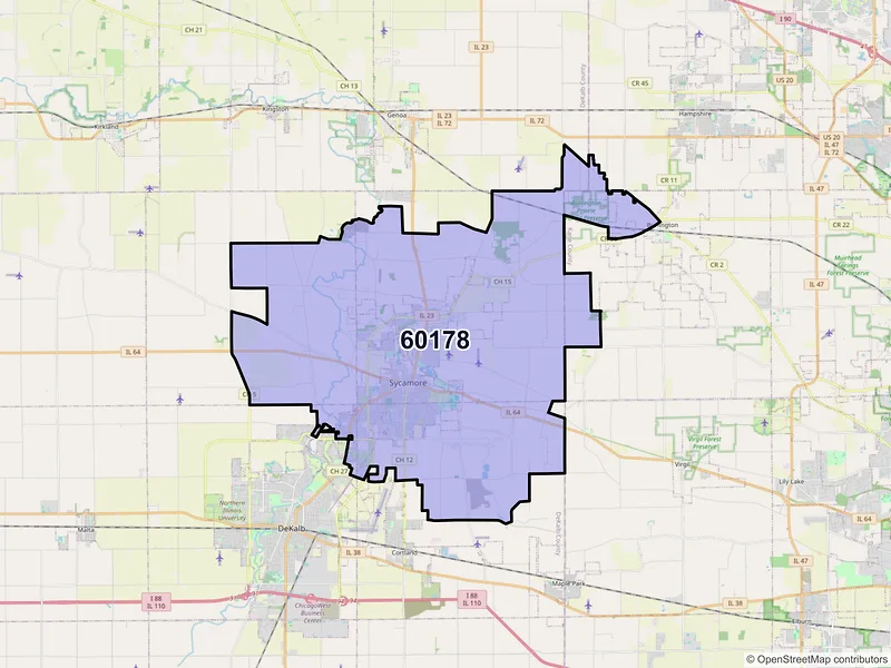 Map of Sycamore, Illinois and ZIP codes