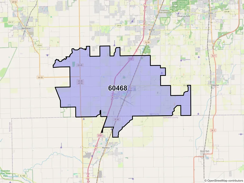 Map of ZIP Code 60468 — Peotone, IL