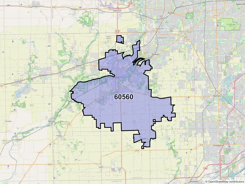 Map of Yorkville, Illinois and ZIP codes