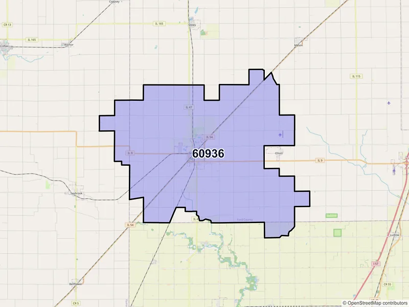 Map of ZIP Code 60936 — Gibson City, IL