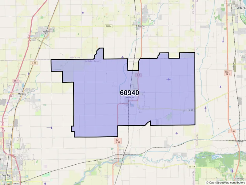 Map of Grant Park, Illinois and ZIP codes