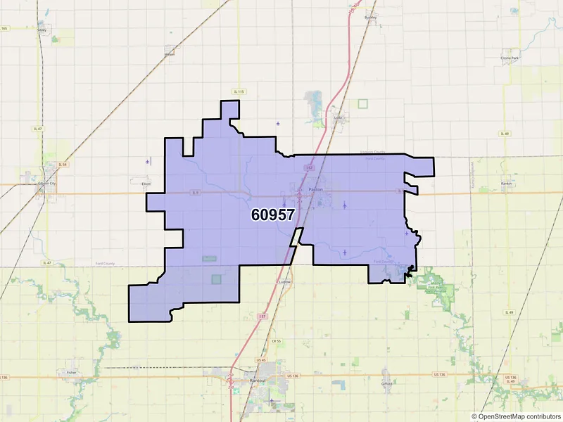 Map of ZIP Code 60957 — Paxton, IL