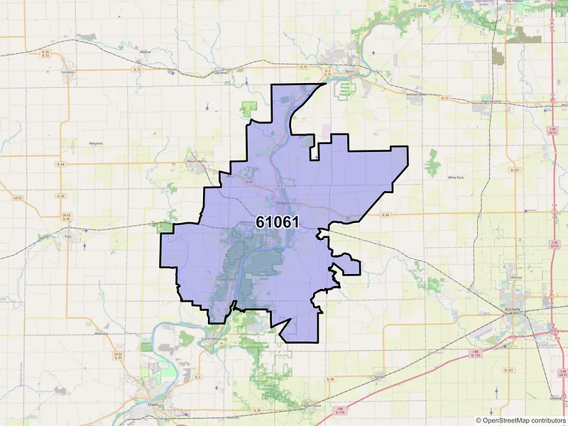 Map of Oregon, Illinois and ZIP codes