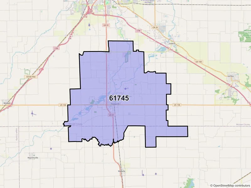 Map of Heyworth, Illinois and ZIP codes